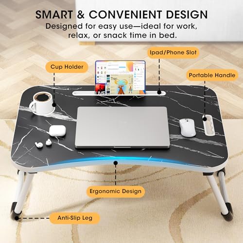Dark Black Folding Laptop Bed Desk 23.6 Inch with Cup Holder & Marble Pattern