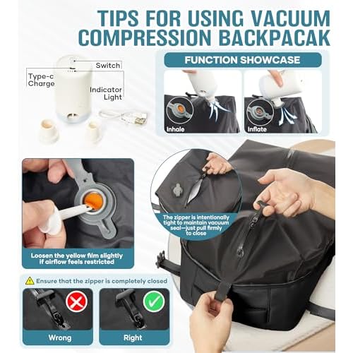 Vacuum Travel Backpack with Pump Women Personal Item Carry on Vacpack Backpacks Flight Approved 18x14x8 inches Men Laptop Waterproof Work Compression bags Casual Daypack Black Vacuum seal backpack