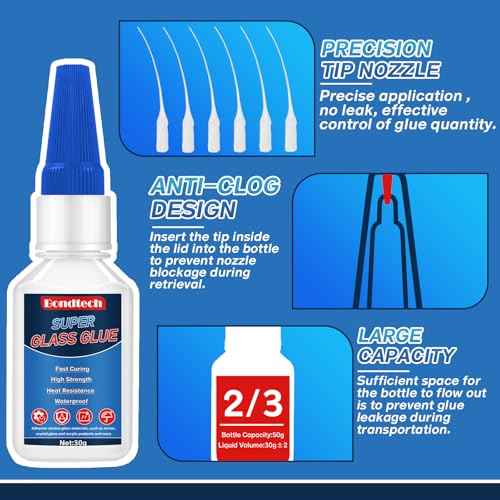 Glass Glue Clear Repair Heavy Duty 30 g, Super Glue for Glass with Anti-Clog Cap, for Acrylic, Mirror and More, Waterproof, Heat-Resistant