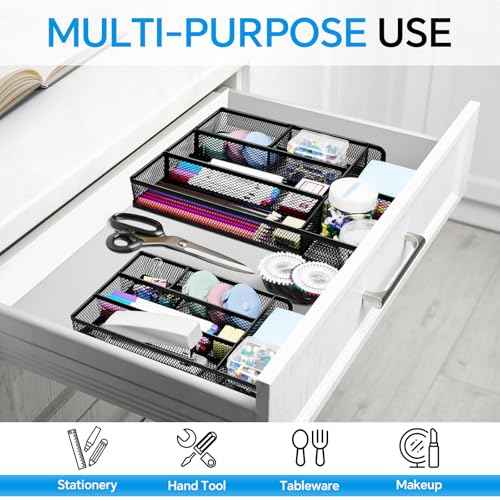 Desk Drawer Organizer, Office Drawer Divider Organizer Tray with 6 Compartments, Metal Mesh Desktop Organization and Accessories for Stationery Makeup Kitchen Toolroom School £¦Office, 12.6x8.27x1.6 in