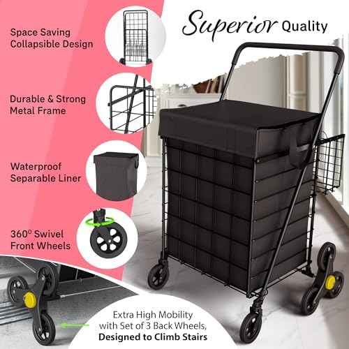Stairs Climbing Shopping Cart w/Waterproof Basket Liner & 360¡Æ Swivel Wheels | Foldable Collapsible & Lightweight | Perfect for Groceries Laundry Utility Cart - Black