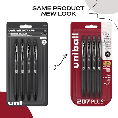 Uni-Ball 207 Plus+ Gel Pens Pack of 4 - Black Ink, 0.7mm Medium Point, Retractable