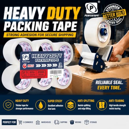 PERFECTAPE 3-Inch Heavy Duty Packing Tape 6 Rolls, 390Y Clear, Refill for Shipping