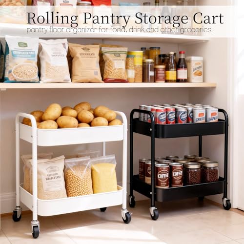 Black 2-Tier Metal Rolling Utility Cart with Handle & Lockable Wheels