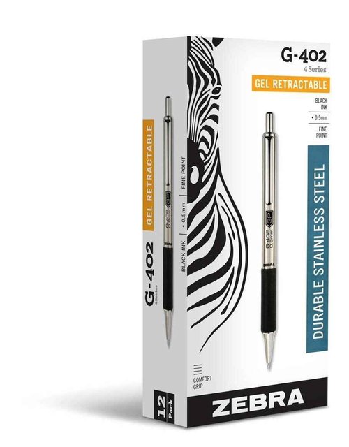 Zebra Pen G-402 Gel Pens 12-Pack, Black Ink, 0.5mm Fine Point, Stainless Steel Barrel, Comfortable Rubberized Grip, Secure Metal Clip, Shirt Pocket-Friendly (49210)