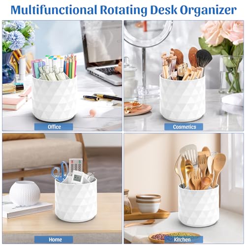 Minimaliving White Desk Organizer with Sparkling Diamond Design, 360° Rotating Pen Holder, 5 Compartments Office Storage Caddy
