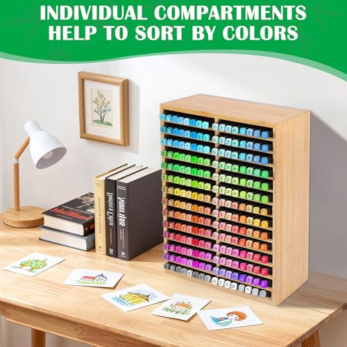 Bamboo Marker Organizer for 252 Markers, Large Wood Alcohol Marker Storage Rack Pencil Holder for Kids Classroom Desk