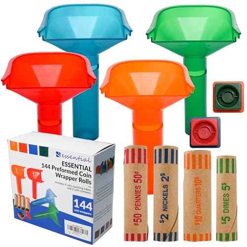 ESSENTIAL 144 Pcs Assorted Preformed Coin Wrapper Rolls with Color Coded Coin Counter Tubes and Coin Wrapper Crimping Tool