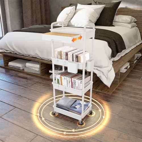 4 Tier Rolling Utility Cart with Drawer,REBECAT Utility Cart Made of Multifunctional Storage Organizer Tool for Kitchen,Bathroom,Living Room,Office(Gray)