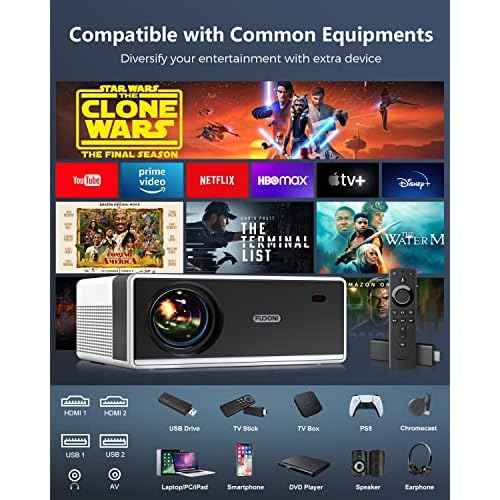 FUDONI Projector with WiFi and Bluetooth, Outdoor Portable 4K Support Projector HD 1080P Max 300" Display Zoom, Movie Video Home Theater Projector Compatible w/HDMI/USB/Phone/Laptop/TV Stick
