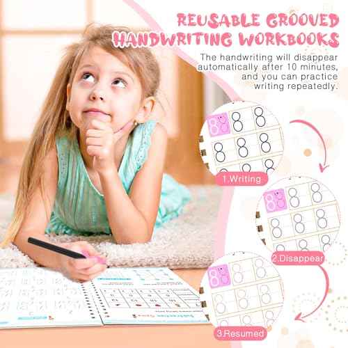 4 Pc Magic Grooved Practice Copybook,Reusable Grooved Writing Books,Handwriting Book Practice for Kids,Writing Practice for Kids Ages 3-8 Calligraphy (4pc+Pen) (4 Books with Pen)