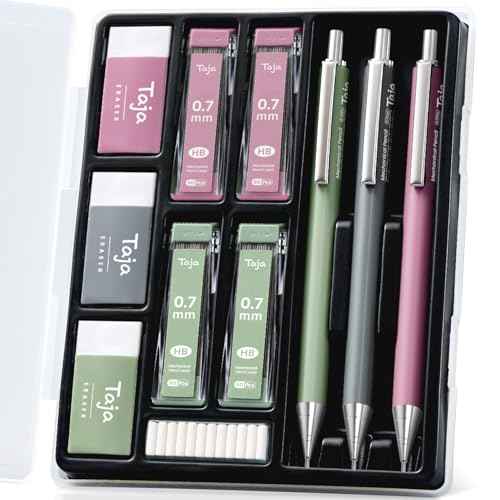 Aesthetic 0.7mm Mechanical Pencil Set with Case ? 3 Vintage Mechanical Pencils, 4 Tubes HB #2 Lead Refills, 3 Erasers & 12 Eraser Refills, Cute Pencil Kit for Back to School Stationery Supplies