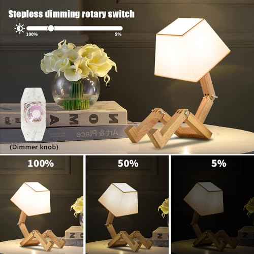 ELINKUME Cute Robot Desk Lamp,Unique Dimmable Bedside Table Lamps for Bedroom,Square Lampshade Night Light with Foldable Wood Body,Fun Kids Lamp,Nightstand lamp for Study,Office,Living Room Decor