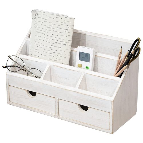 COLLECTIVE HOME - Vintage Wood Desk Organizer, Rustic Paper Storage, Mail Holder, File Sorter with 2 Drawers for Office Supplies, Desk Accessories -14.5 x 6 x 8.75 Inches - White