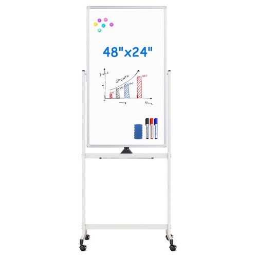 Magnetic Mobile White Board, 48 x 24 Double Sided Dry Erase Board Rolling Whiteboard Aluminum Frame Standing Whiteboard on Wheels