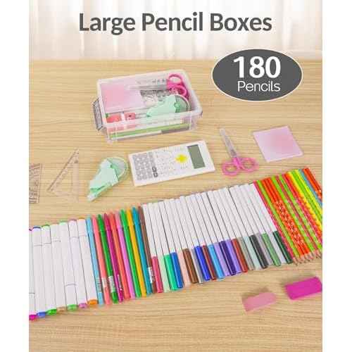 Sooez 6 Pack Extra Large Pencil Box, Plastic Pencil Case Crayon Box, Clear Marker Organizer Plastic Containers with Lid, Stackable Storage Boxes for Art Craft,Pen,Back to School Teacher Supplies, Grey