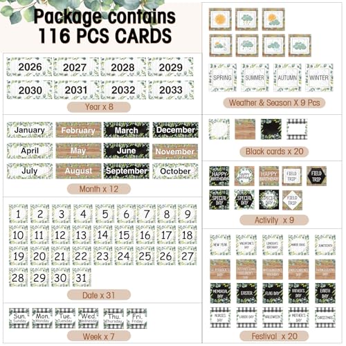 Fulmoon Eucalyptus Classroom Calendar Pocket Chart Set Black & Eucalyptus