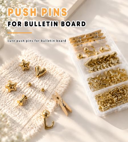 KEYDUACU Gold Push Pins Set, 150 Pcs with Storage Box - Heart, Star, Hook, Clip, Round & More