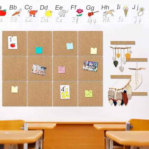 Aodaer 12 Pack Cork Boards 48" x 36" Thick Bulletin Board Tiles with 4 Frameless Cork Strips Pin Board Bar Strips with Push Pins Clips for Office School Home Walls