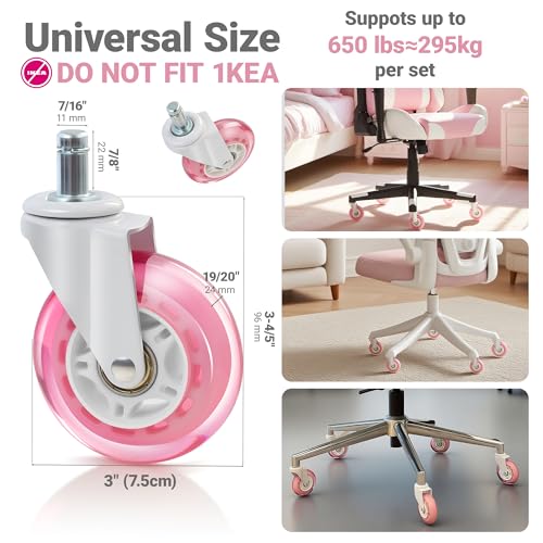 ENYKE Pink/White Caster Wheels Set of 5 3 Inch Heavy-Duty Universal Chairs for Office, Gaming, Desk