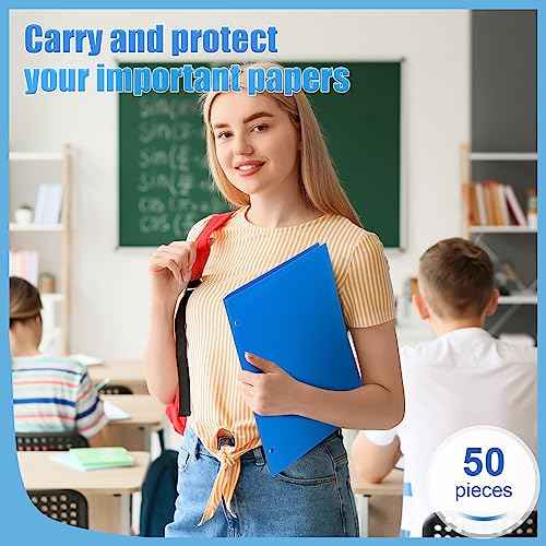 Yeaqee 50 Pcs Plastic Folders with Pockets Bulk 3 Hole Punched 2 Pocket File Folders for 3 Ring Binder Divider Folder for Notebooks, Durable Poly for Office Home (Blue)