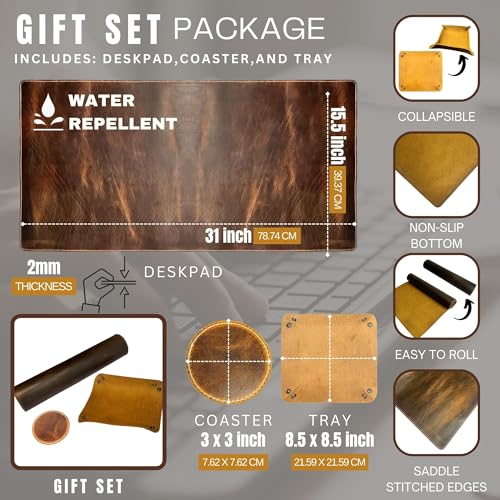 Leather Desk Mat Desk Pad - Full Grain (32x16) Leather Desk Cover Blotter & Protector - Large Computer Keyboard Gaming Table Mat - Desktop Accessories Mouse Pad for Laptop, Office & Home