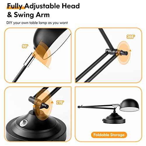 Touch Control LED Desk Lamp with USB Charging Port, Architect Black Metal Lamp with Adjustable Swing Arm, Dimmable Modern Table Lamp for Home Office Reading Study, 3000K/4000K/5000K 3 Color Modes