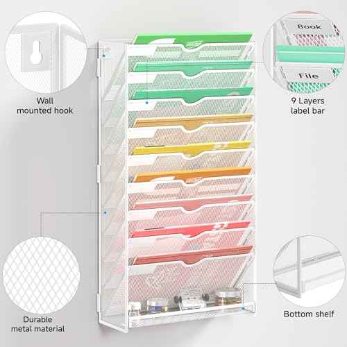 Lavatino 10-Tier Hanging File Organizer, Wall Mount File Holder for Mails Folders Papers Magazine Organization, Vertical Document Organizer for Office Home White