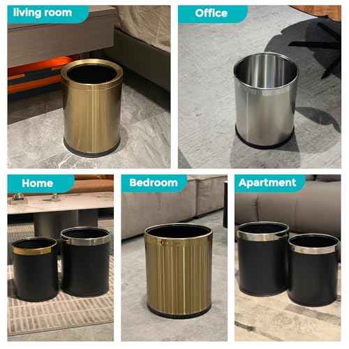 3.7 Gallon/14L Black Bathroom Trash Can Metal, Double Walled Waste Paper Basket, Bathroom Garbage Can, Elegant, Modern Office Waste Basket, for Bedroom, Kitchen, Hotel, Cafe, Business(14L black)
