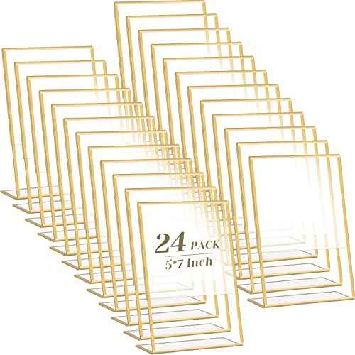 Yulejo 24 Pack 5 x 7 Inch Sign Gold Acrylic Holder Gold Picture Frames Bulk Clear Double Sided Table Number Menu Holders Desktop Vertical Stands for Wedding Office Restaurant Art Photo Flyer Display