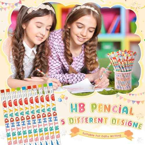 Kosiz 400pcs Happy Birthday Pencils Bulk for Students Classroom Back School Birthday Gifts Colorful Printed with Top Erasers Suitable for Teachers Class Reward Kids Party Supplies