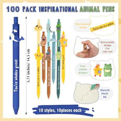 Eersida 100 Set Inspirational Ballpoint Pens Bulk Funny Animal Cute Pens Employee Appreciation Gifts with Positive Bookmarks for Coworkers Teacher Nurse Team Staff Christmas