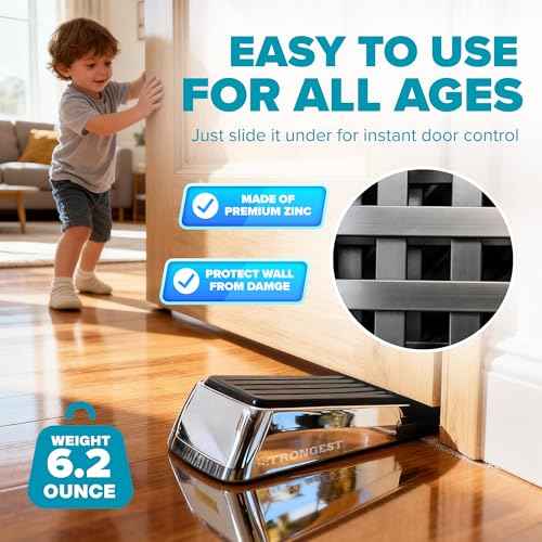 Strongest Home Heavy Duty Door Stopper Wedge (2 Chrome PCs) | Non-Slip Rubber and Metal Door Stop for Heavy Doors| Work on Wood, Tile, Carpet + 2 White Wall Protectors