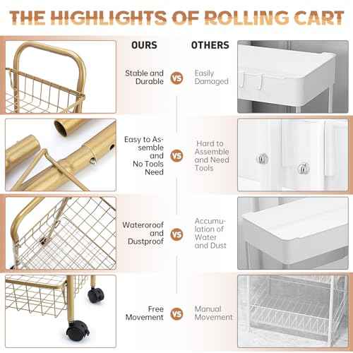 3 Tier Mesh Rolling Utility Cart, Gold Metal Organization Cart with Lockable Wheels, Multifunctional Storage Trolley Service Cart for Kitchen Living Room Office Salon