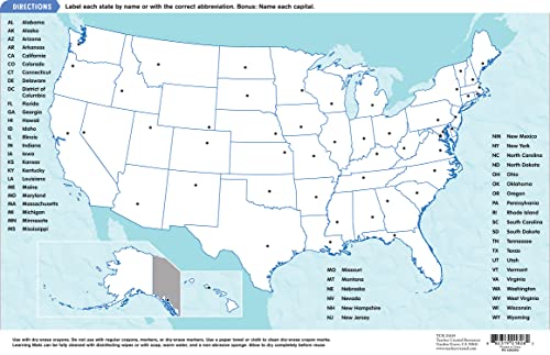 Teacher Created Resources US Map Learning Mat - Write-On/Wipe-Off Educational Tool for Kids