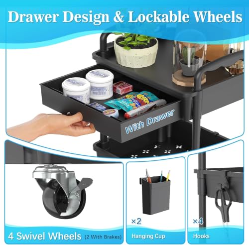 Black 3-Tier Rolling Storage Cart with Removable Drawers & Lockable Wheels