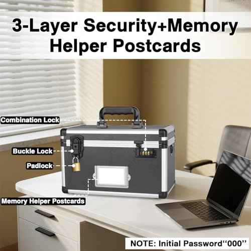 Medication Lock Box, Lockable Storage Box with Dual Locks (Combination & Padlock), Lockbox with Shoulder Strap & ID Label Slot, for Valuables and Medicine(13.4 x 7.5 x 8.3 Inch, Black)