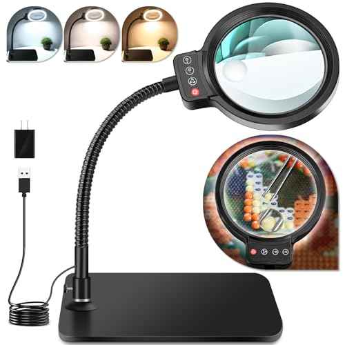 30X 10X Magnifying Glass with Light and Stand, 72 LED 3 Color Modes Stepless Dimmable, Hands Free Lighted Magnifier Desk Lamp for Close Work Craft Hobby Painting Sewing Jewelry Reading, Square