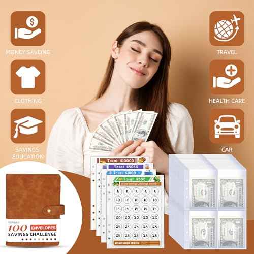 100 Envelopes Money Saving Challenge Binder, A5 Budget Binder with Envelopes and Challenge Tracker, Savings Challenges Planner Book to Save $500, $1000, $5050, $10000 (Brown)