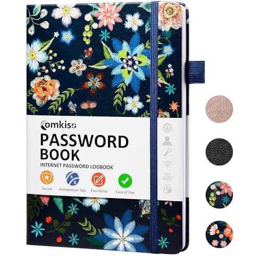 Password Book with Individual Alphabetical Tabs Laminated, Large Print Password Keeper Book for Seniors, A5 Hardcover Internet Password Log Book to Record Website Login Details - Bloom