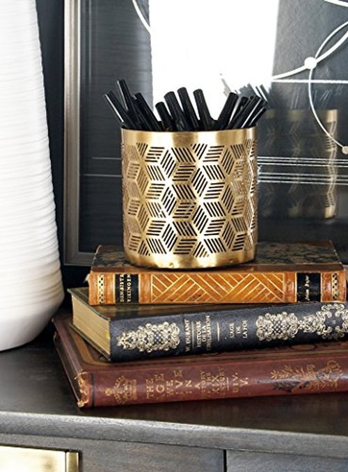 Deco 79 Metal Geometric Pencil Cup with Laser Carved Design, 4" x 4" x 4", Gold