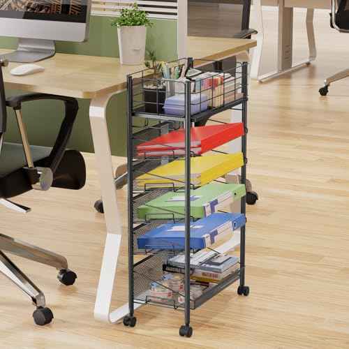 Rolling File Cart with Wheels, 6 Tier Metal Rolling File Organizer Cart Beside Desk,Mobile Book Carts with Wheels for Office Home School Teacher Classroom Paper Letter Organization,Black