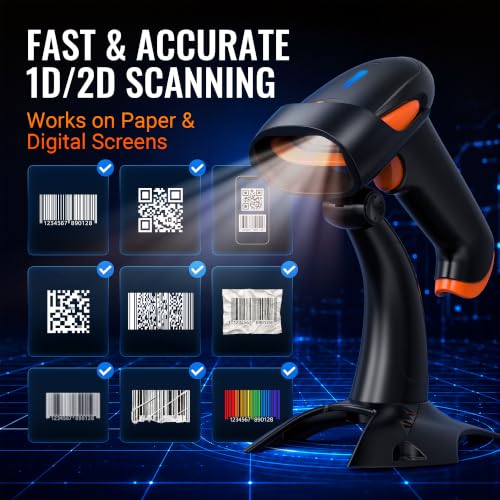 Tera Wireless Barcode Scanner with Stand - 1D/2D/QR 3-in-1, Orange