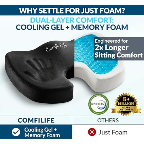 ComfiLife Premium Gel & Memory Foam Seat Cushion ? Doctor Recommended Office Chair Cushion, Car Seat Cushion ? Chair Cushions for Back & Sciatica Pain Relief ? Seat Cushions for Office & Desk (Black)
