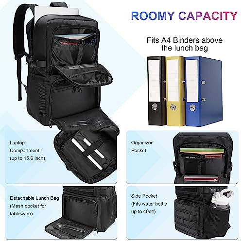 BERTASCHE Lunch Backpack, Laptop Backpack 15.6 inch Work Backpack w/Insulated Cooler Lunch box for Men Women, Tactical Casual Daypack for Commuter Picnic College,Black