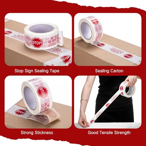 Nezyo 10 Rolls Security Tamper Proof Tape 2 Inch x 110 Yards x 2 Mil Stop Sign Sealing Tape Pre Printed If Seal is Broken Check Contents Before Accepting for Moving Heavy Duty Packing (White)