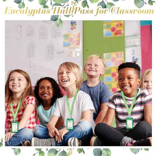 Ctosree 8 Set Eucalyptus Hall Pass Lanyards and School Passes Set Unbreakable PVC School Supplies Teacher Supplies for Classroom Elementary Middle Restroom Library Office, Green