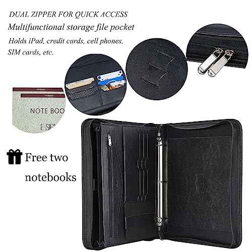 IVESIGN Zippered Padfolio Binder, Faux Leather Organizer with 3-Ring Binder, Left-Handed Design, Business Card Slots & Document Folders - Professional Padfolio for Office (Black)