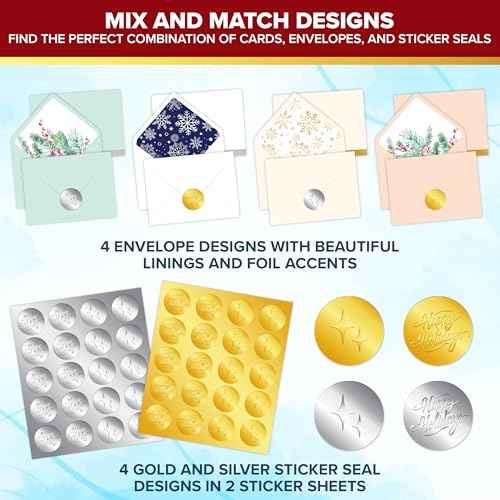 Decorably 40 Pack Foil Embossed 5x7in Assorted Holiday Cards Bulk with Envelopes and Stickers, 8 Elegant Designs Happy Holidays Cards with Envelopes, with Printed Message Inside