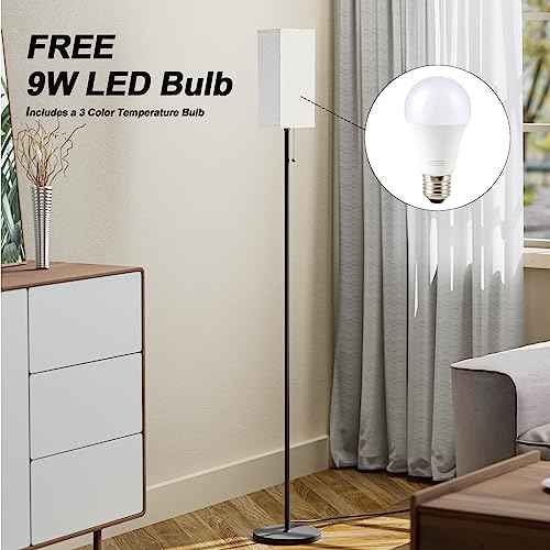 Floor Lamps for Living Room, Modern Standing Lamp with Pull Chain Switch, 3 Color Temperature Black Pole Lamp with Lampshade, 9W LED Bulb Tall Lamps for Bedroom Office Kid Room